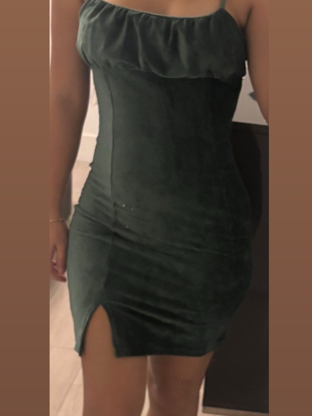 Women’s Dark Green Velvet Slip Dress with Side Slit